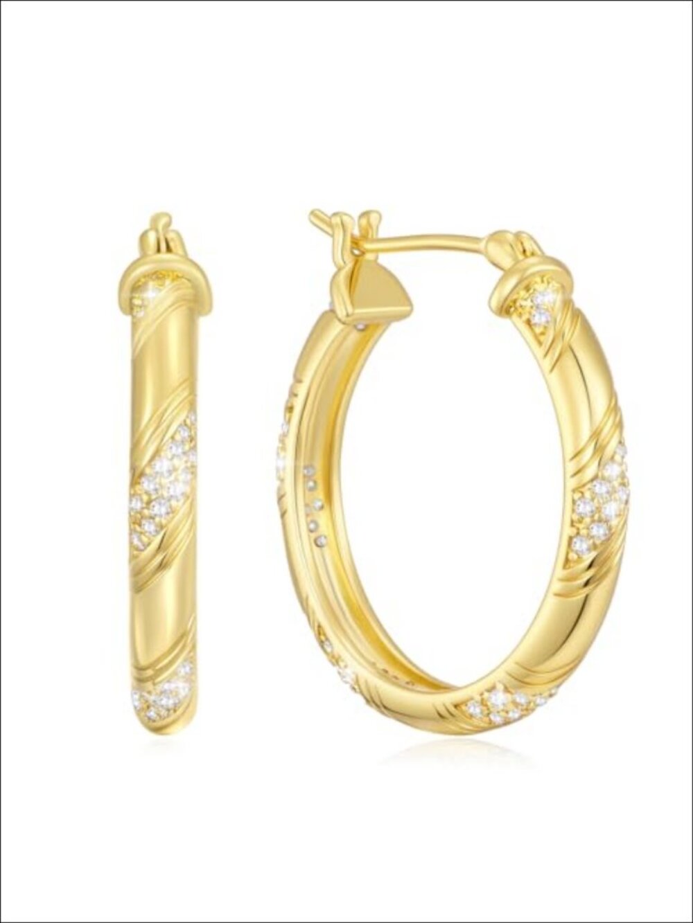 14K Gold Plated Hoop Earrings Cubic Zirconia Pavé Latch Back Women Jewelry